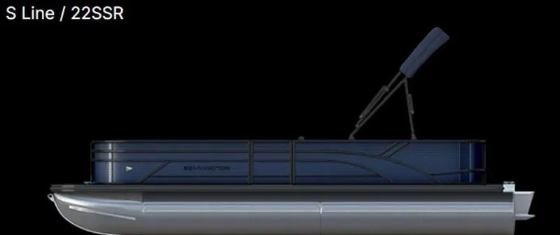 Slide: The Image of 2026 Bennington S Quad Bench 22 SSR pontoon boat, side view, sleek design. - 24