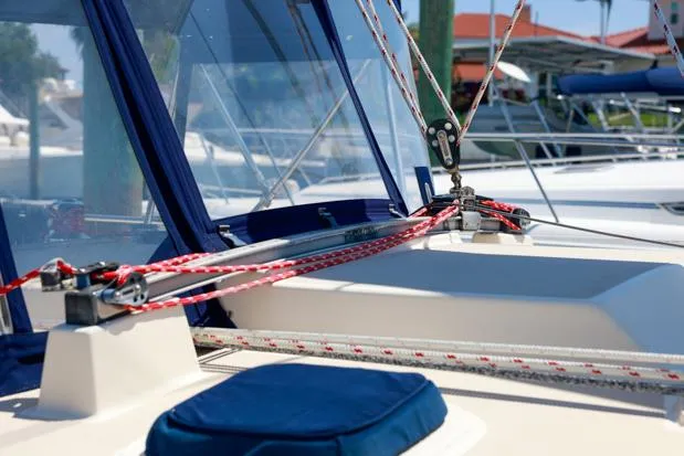 Slide: The Image of Island Packet 40 sailboat deck with rigging and blue canvas, 1998 model. - 6