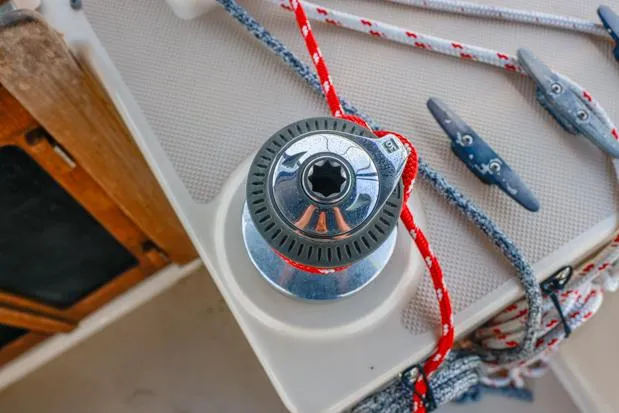 Slide: The Image of Winch and ropes on a 1998 Island Packet 40 sailboat deck. - 9