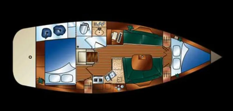 Slide: The Image of Floor plan of a 2004 Hunter 36 sailboat, featuring cabins, galley, and bathroom layout. - 18