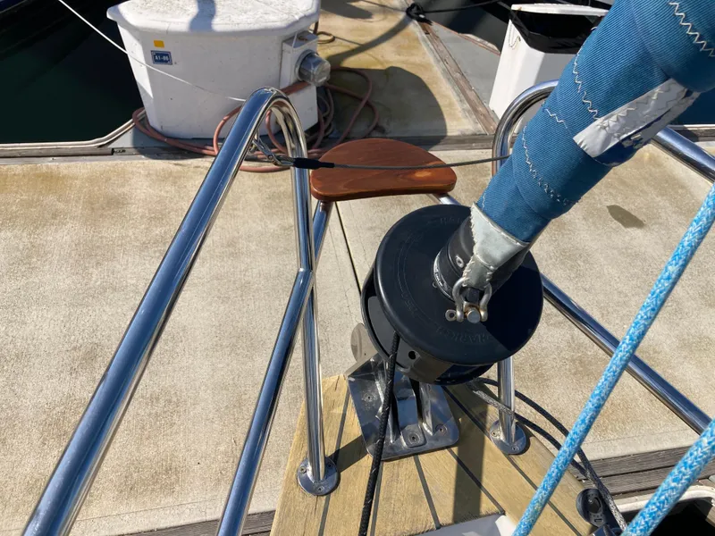 Slide: The Image of Deck of 2001 Malo 43 sailboat with winch and railing. - 30