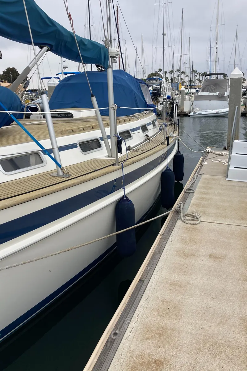 Slide: The Image of Sailboat Malo 43, 2001 model, docked at marina with blue covers. - 38