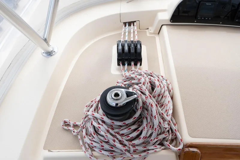 Slide: The Image of Deck of 2004 Island Packet 485 sailboat with winch and ropes. - 8