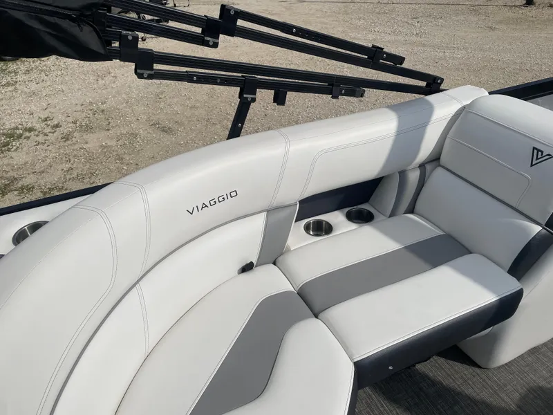 Slide: The Image of Luxurious seating on 2022 Misty Harbor Diamante Series boat with cup holders. - 12