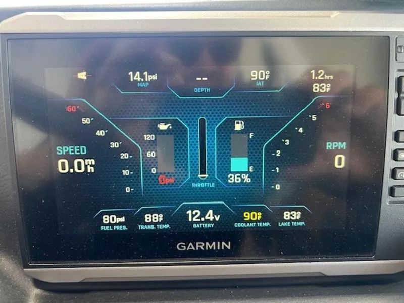 Slide: The Image of Garmin display showing Axis T250 2024 engine metrics: speed, RPM, throttle, and temperature readings. - 15