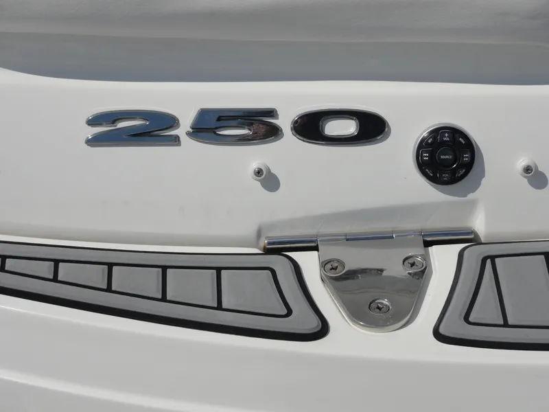 Slide: The Image of Close-up of 2009 Sea Ray 250 SLX boat model emblem and control panel. - 6