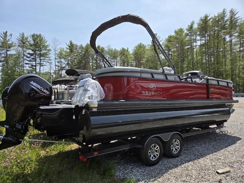 Slide: The Image of 2025 Regency 230 DL3 pontoon boat on trailer, surrounded by trees. - 8