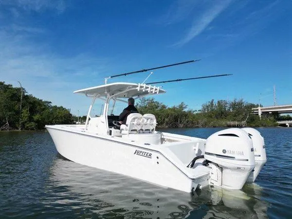 Slide: The Image of 2018 Jupiter 30 HFS boat with dual Yamaha engines on calm water. - 3