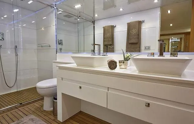 Slide: The Image of Luxurious bathroom in 2026 Schaefer 25M yacht with dual sinks and modern fixtures. - 12