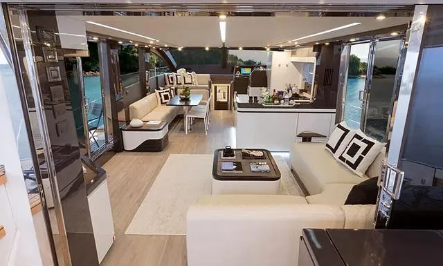 Slide: The Image of Luxurious interior of 2026 Schaefer 770 yacht with modern furnishings and scenic ocean view. - 10
