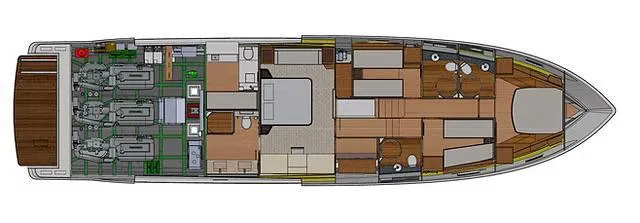 Slide: The Image of Floor plan of 2026 Schaefer 770 yacht, showcasing interior layout and engine room. - 32