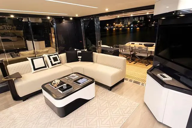 Slide: The Image of Luxurious interior of 2026 Schaefer 770 yacht with modern furnishings and waterfront view. - 9