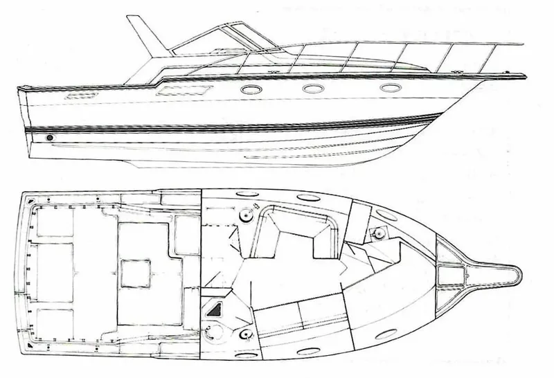 Slide: The Image of Blueprint of 1989 Tiara Yachts 3300 Open, side and top views. - 7