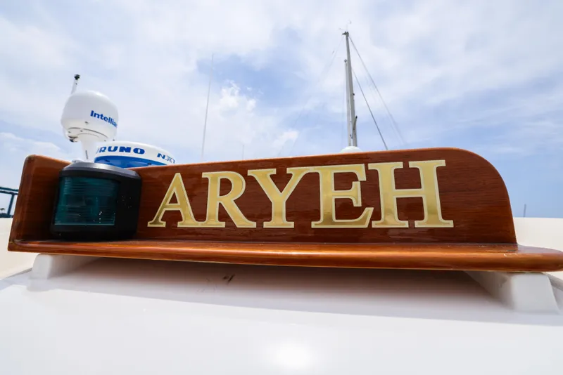 Slide: The Image of 2008 Grand Banks EASTBAY 39 SX yacht with "ARYEH" nameplate and radar equipment. - 39