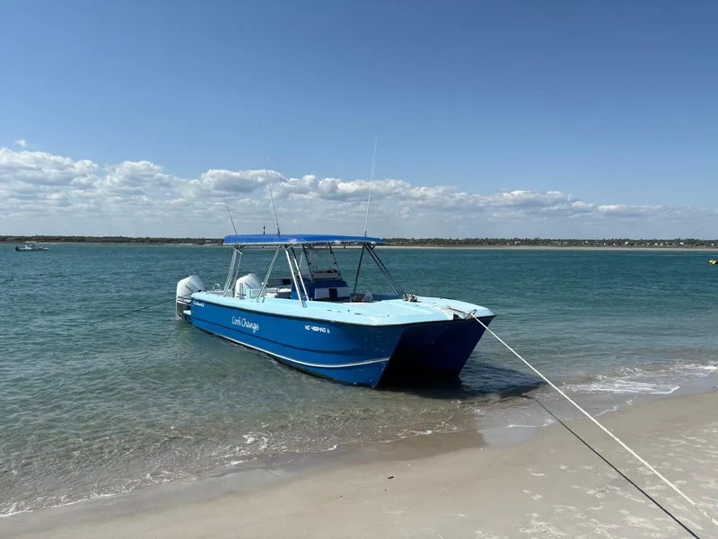 The Image of Blue Eastward 30 boat anchored on sandy beach, clear sky, calm water, 2022 model. - 0