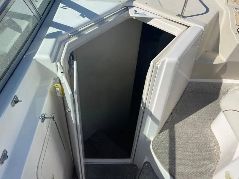 Slide: The Image of 1998 Cruisers 2870 Rogue boat cabin entrance with open door, showing interior stairs. - 23