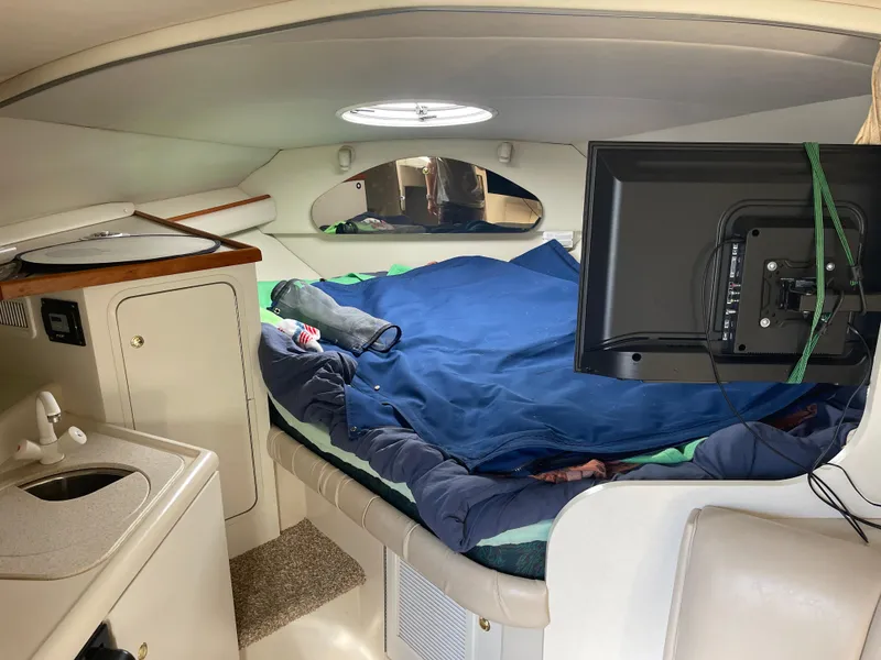 Slide: The Image of 1998 Cruisers 2870 Rogue cabin interior with bed, TV, and sink. - 25