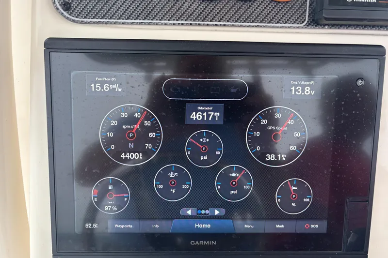 Slide: The Image of Dashboard of 2021 Grady-White 251 Coastal Explorer showing fuel flow, speed, and engine data. - 37