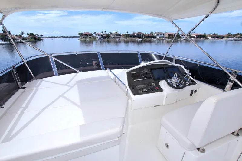 Slide: The Image of Helm of 2015 Dyna 60 yacht with scenic waterfront view. - 15