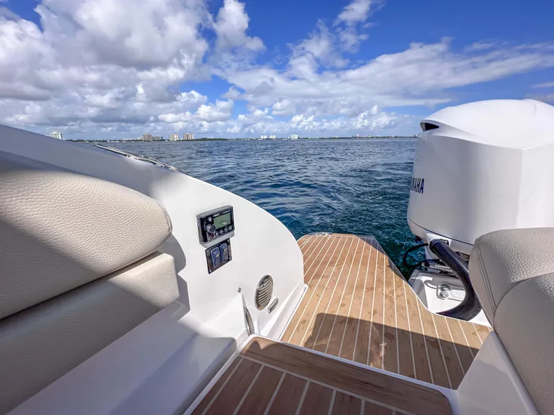Slide: The Image of 2019 Regal 33 OBX boat with Yamaha engine on open water, sunny day. - 35