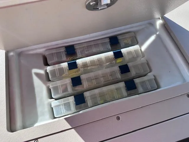 Slide: The Image of Storage compartment with organized tackle boxes on a 2015 Xcursion X21F boat. - 31