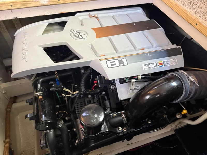 Slide: The Image of Engine compartment of a 1980 Viking 43 Double Cabin with Mercury 8.1 engine. - 41