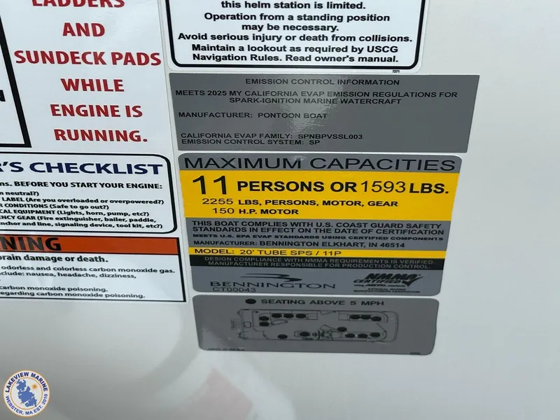Slide: The Image of 2025 Bennington 21 SL capacity label, 11 persons or 1593 lbs, safety warnings visible. - 14