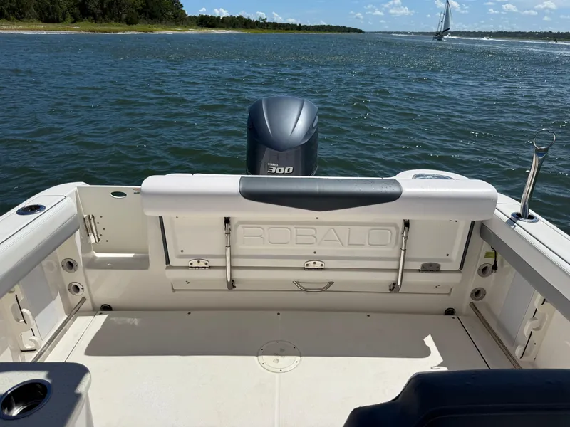 Slide: The Image of 2021 Robalo R247 boat with Yamaha 300 engine on open water, sunny day. - 16