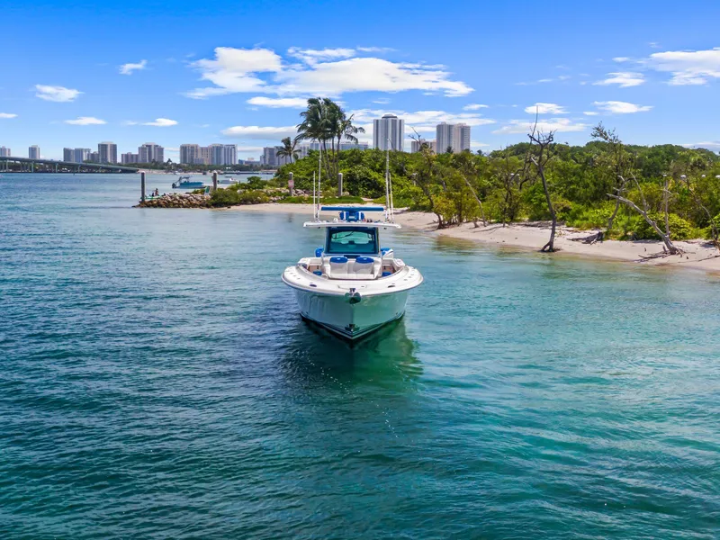Slide: The Image of 2020 HCB 53 boat near tropical shoreline with city skyline in background. - 42