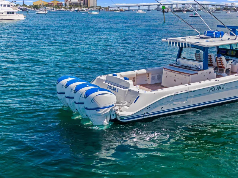 Slide: The Image of Luxury HCB 53 boat from 2020 with four engines on clear blue water. - 48