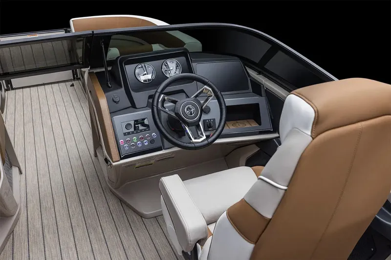 Slide: The Image of Manufacturer Provided Image: 2025 Avalon Catalina Quad Lounger Windshield interior with modern dashboard and steering wheel. - 13