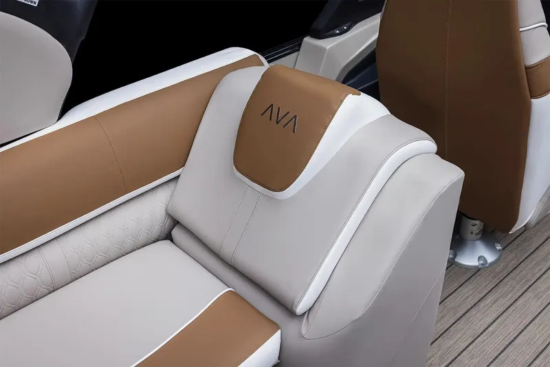 Slide: The Image of Manufacturer Provided Image: 2025 Avalon Catalina Quad Lounger Windshield, luxurious brown and beige seating detail. - 15