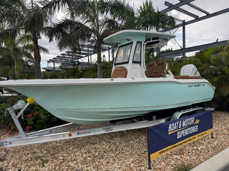 Slide: The Image of 2026 Key West 239 FSR boat on trailer, displayed at Boat & Motor Superstores. - 3