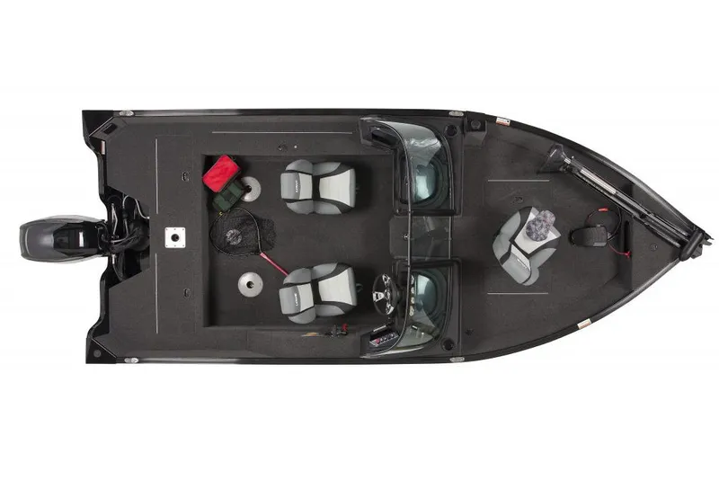 Slide: The Image of Manufacturer Provided Image: 2016 Lowe FM 165 Pro WT fishing boat, top view, black exterior, three seats, outboard motor. - 12