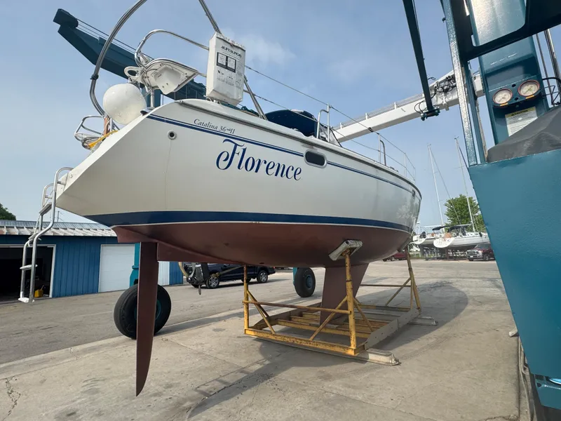 Slide: The Image of Catalina 36 MkII sailboat named "Florence" on dry dock, 2000 model, marina setting. - 28