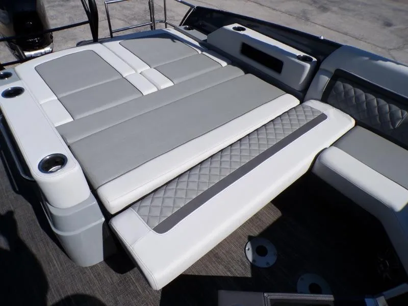 Slide: The Image of Luxurious seating on 2025 Godfrey AquaPatio 255 SFL iMPACT pontoon boat, featuring elegant design. - 10