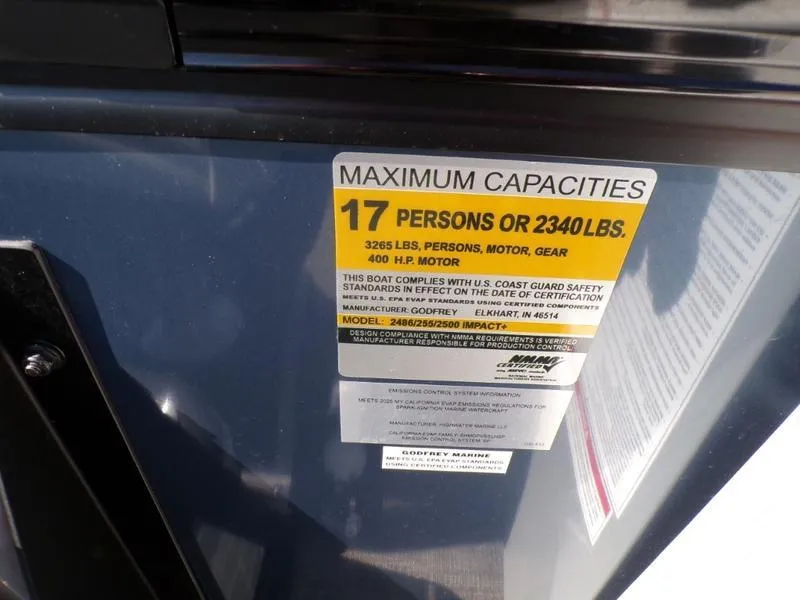 Slide: The Image of 2025 Godfrey AquaPatio 255 SFL iMPACT capacity label, 17 persons or 2340 lbs. - 21