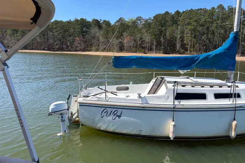 Slide: The Image of 1983 Catalina 25 sailboat with blue cover on a serene lake, surrounded by trees. - 33