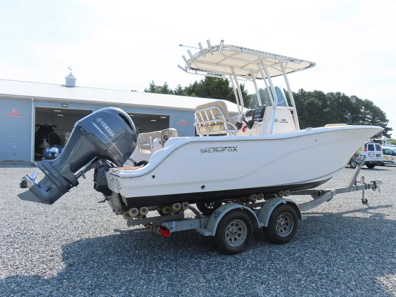 Slide: The Image of 2018 Sea Fox 226 Commander boat on trailer with Yamaha outboard motor. - 2