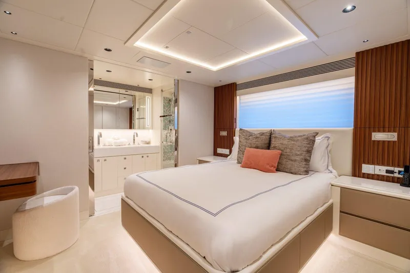 Slide: The Image of Luxurious Horizon 122RP yacht interior with white seating, ocean view, and entertainment screen, 2025 model. - 11