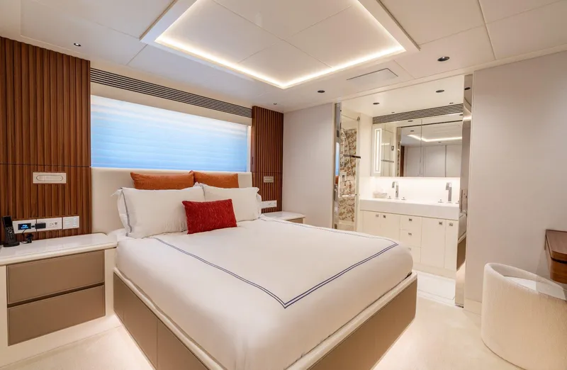Slide: The Image of Luxurious interior of 2025 Horizon 122RP yacht with modern seating and ocean view. - 12