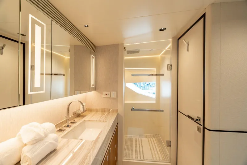 Slide: The Image of Luxurious bedroom interior of 2025 Horizon 122RP yacht with modern design and elegant furnishings. - 7