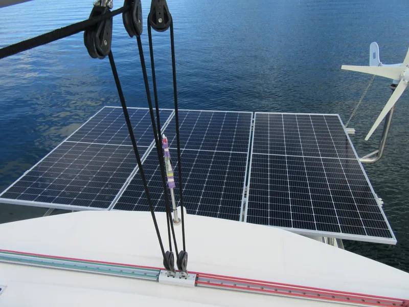 Slide: The Image of Solar panels on a Bali 4.1 catamaran, 2020 model, harnessing renewable energy on water. - 32