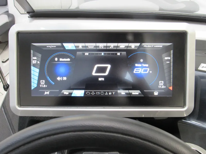 Slide: The Image of Dashboard of 2024 Yamaha Boats 255XD showing speed, fuel, and water temperature. - 11
