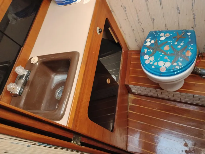 Slide: The Image of 1986 Bayliner 3870 Motoryacht bathroom with sink and starfish-themed toilet seat. - 24