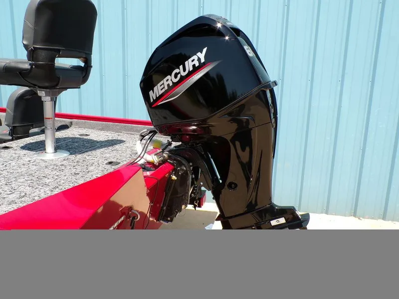 Slide: The Image of 2025 Tracker Pro Team 175 TF® boat with Mercury outboard motor, red and black design. - 7