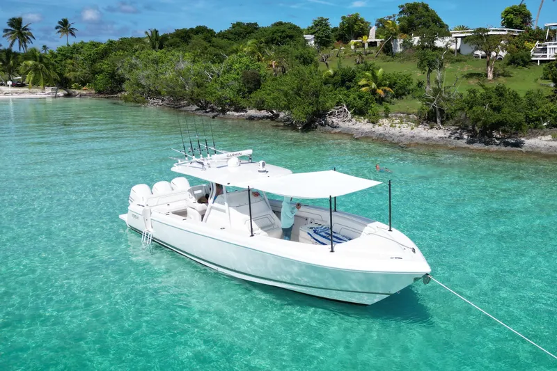Slide: The Image of 2017 Intrepid 375 FE boat anchored in clear turquoise water near a lush shoreline. - 10