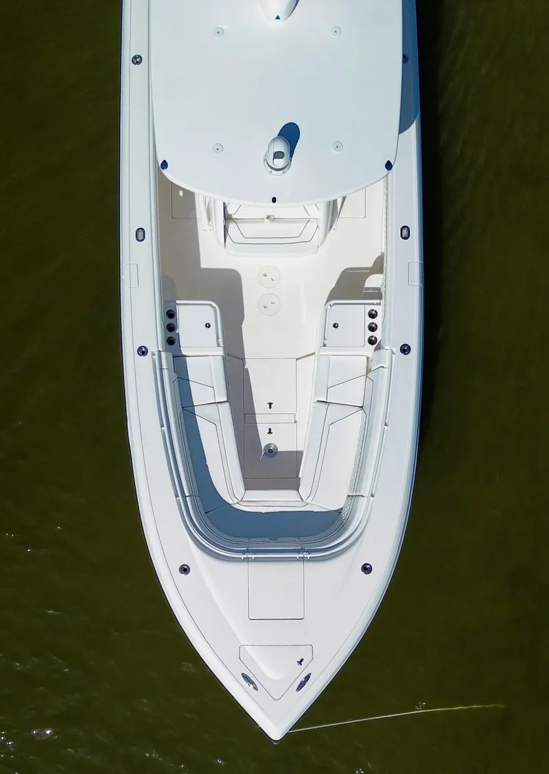 Slide: The Image of Aerial view of 2017 Intrepid 375 FE boat on water. - 33