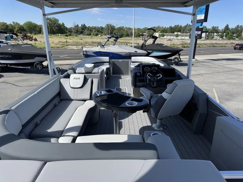 Slide: The Image of 2025 Avalon 2585 27 Catalina CRFS pontoon boat interior with seating and steering console. - 14