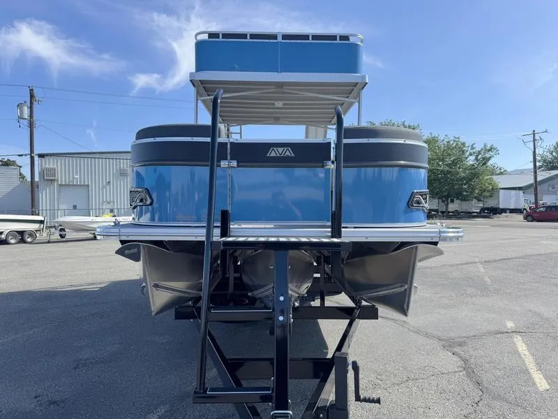 Slide: The Image of 2025 Avalon 2585 27 Catalina CRFS pontoon boat, blue exterior, parked on trailer. - 5